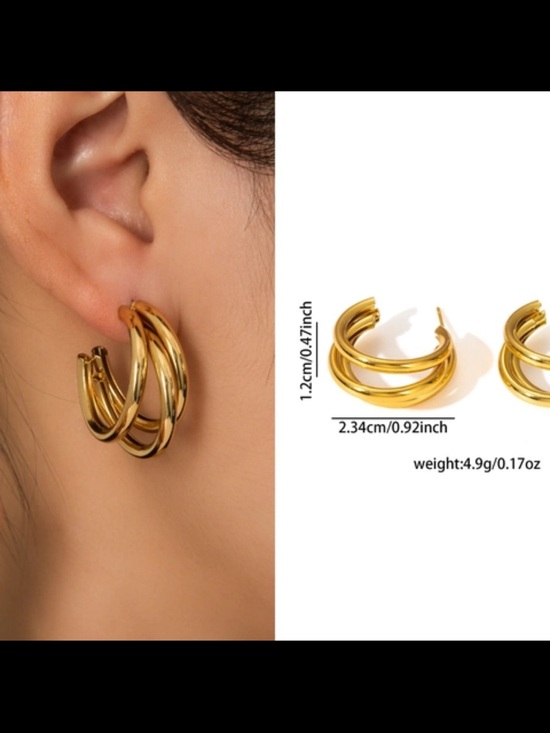 Jewelry - Gold Triple-Loop Hoop Earrings for Women - Polished Gold Finish